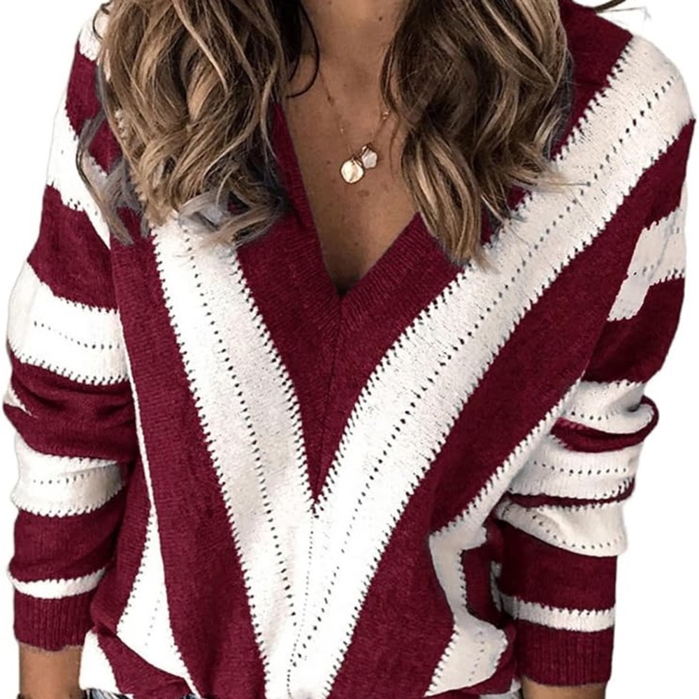 Elegant V-Neck Burgundy and White Striped Sweater